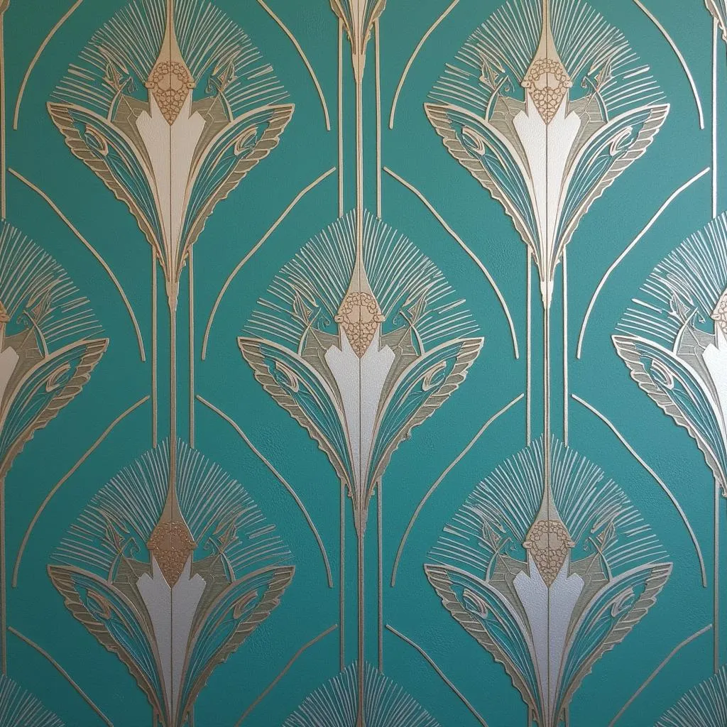 Họa tiết giấy dán tường art deco màu xanh ngọc cho phòng ngủ