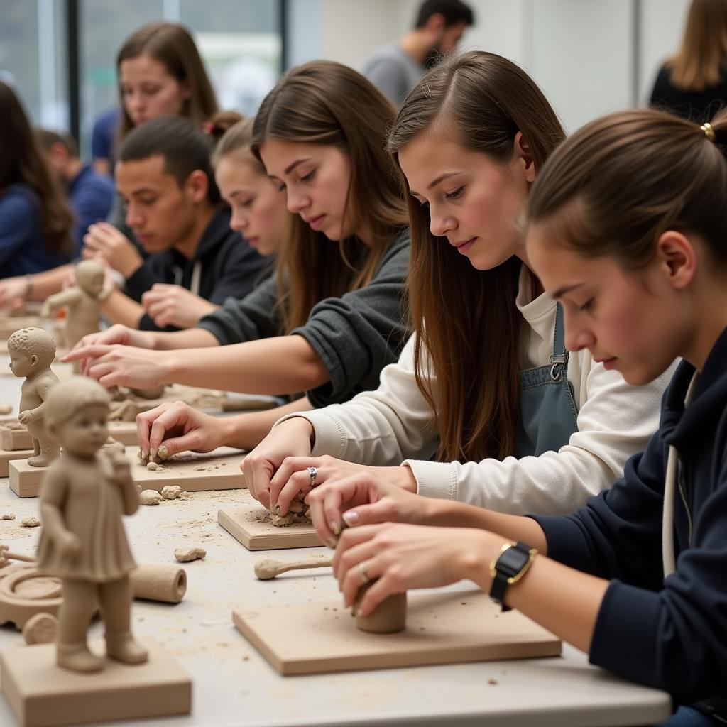 Eighth graders sculpting with clay in art class