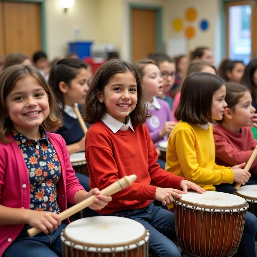 Elementary students performing music with various instruments