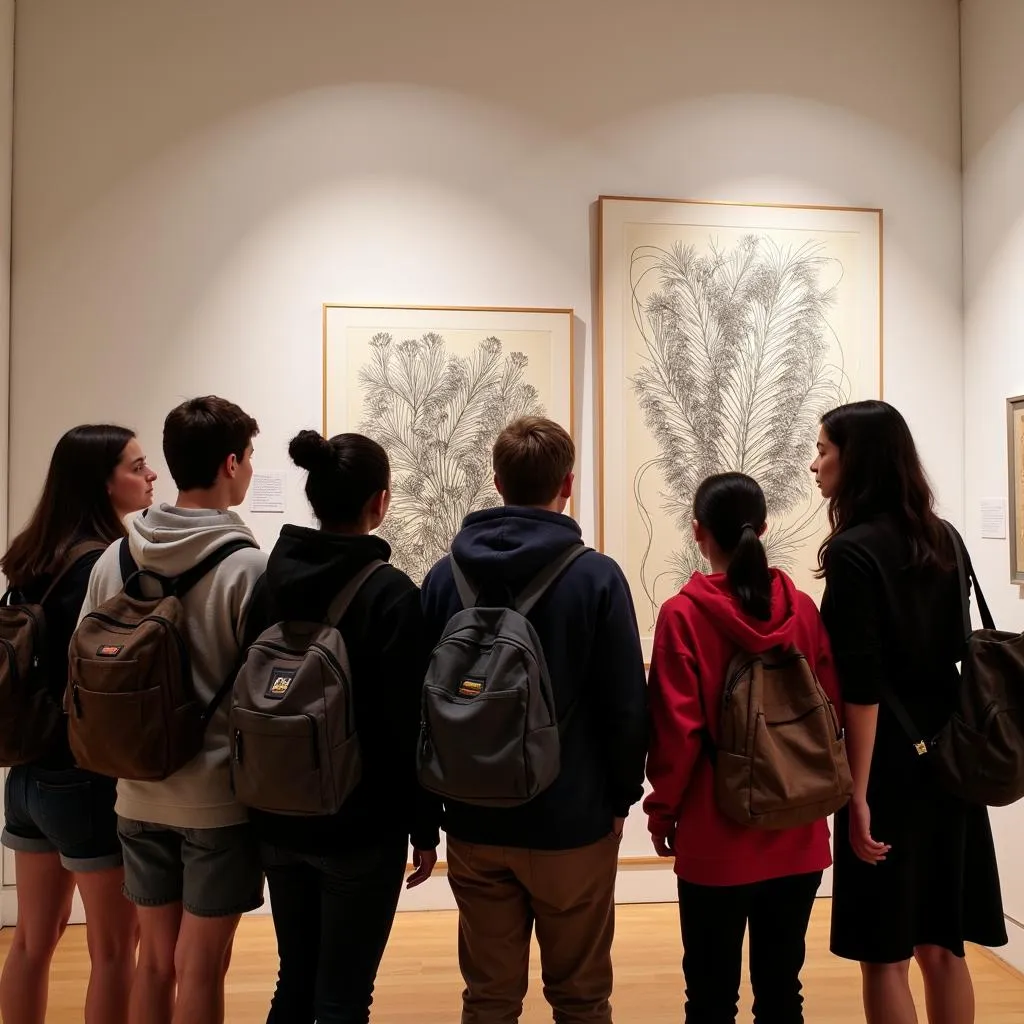 Middle school students attending an art exhibition at a museum