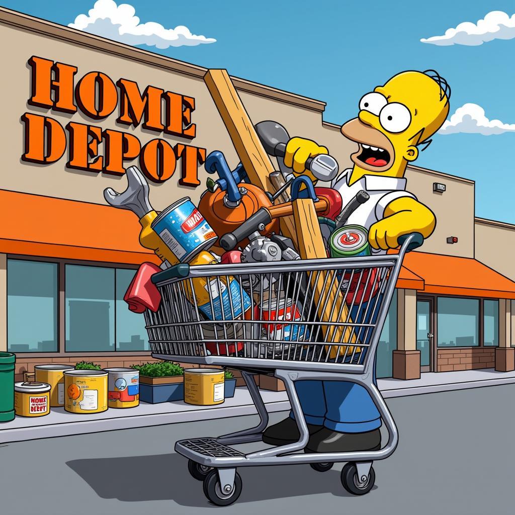 A Home Depot shopping cart overflowing with tools and building materials