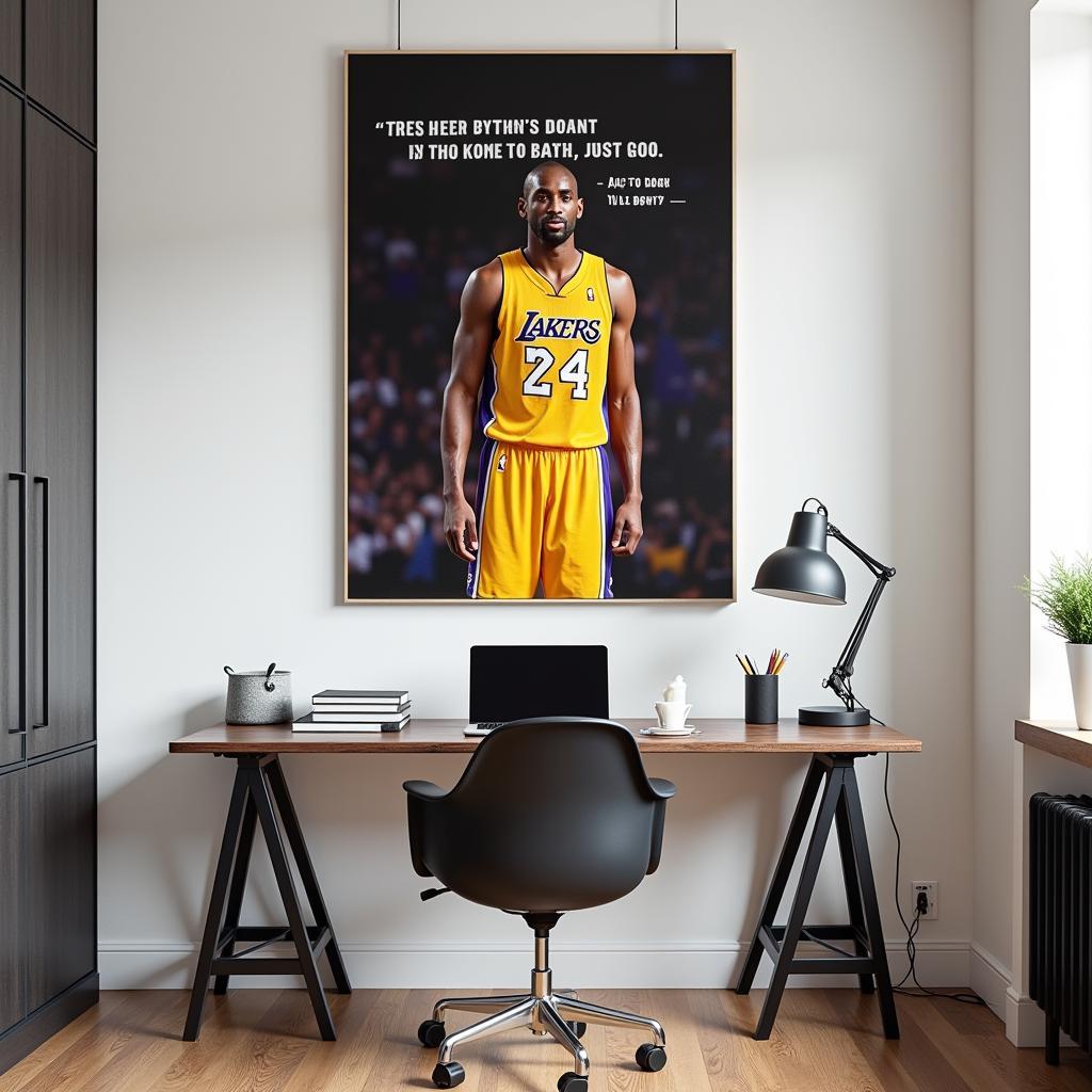 A home office featuring Mamba Mentality wall art