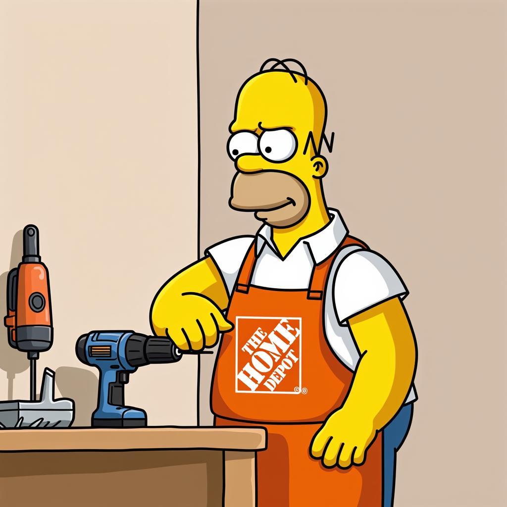 Homer Simpson dressed as a Home Depot employee struggling with a power drill