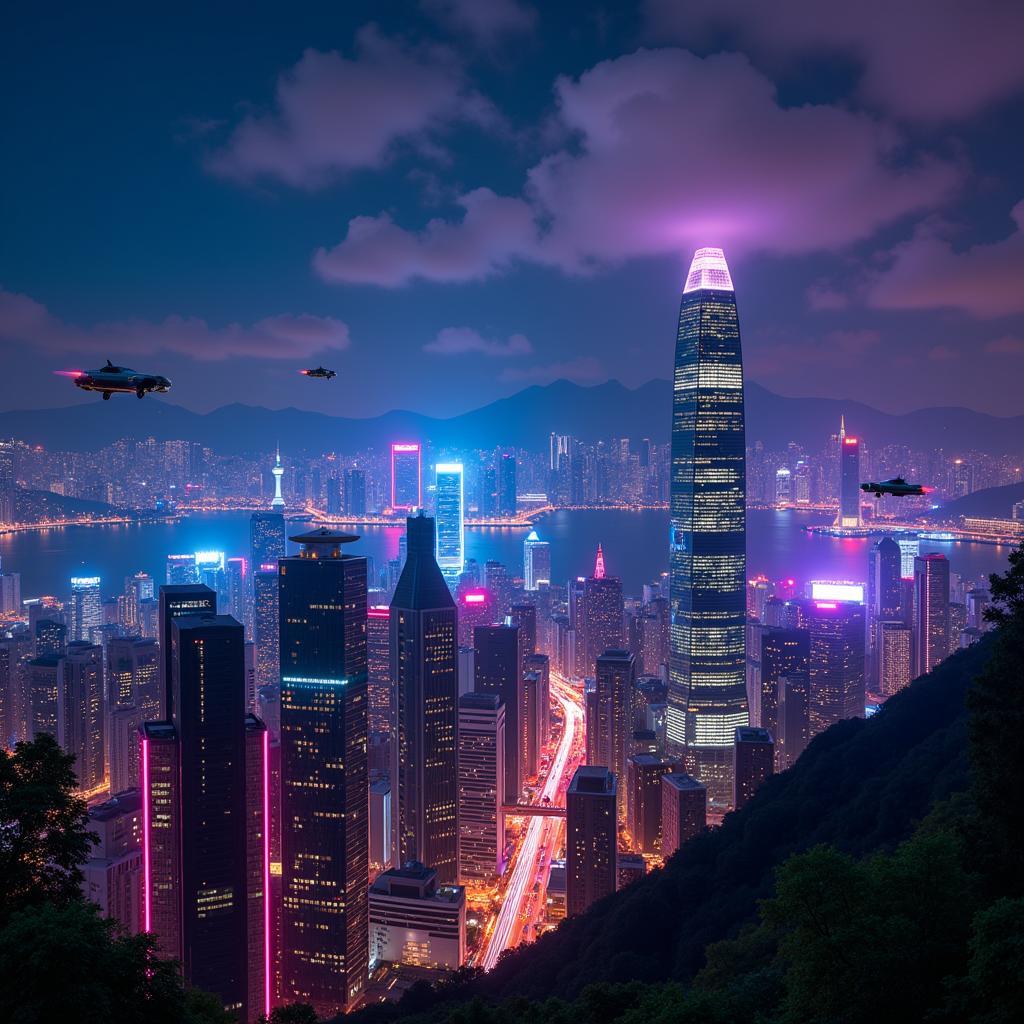 Hong Kong Skyline Digital Art Neon City