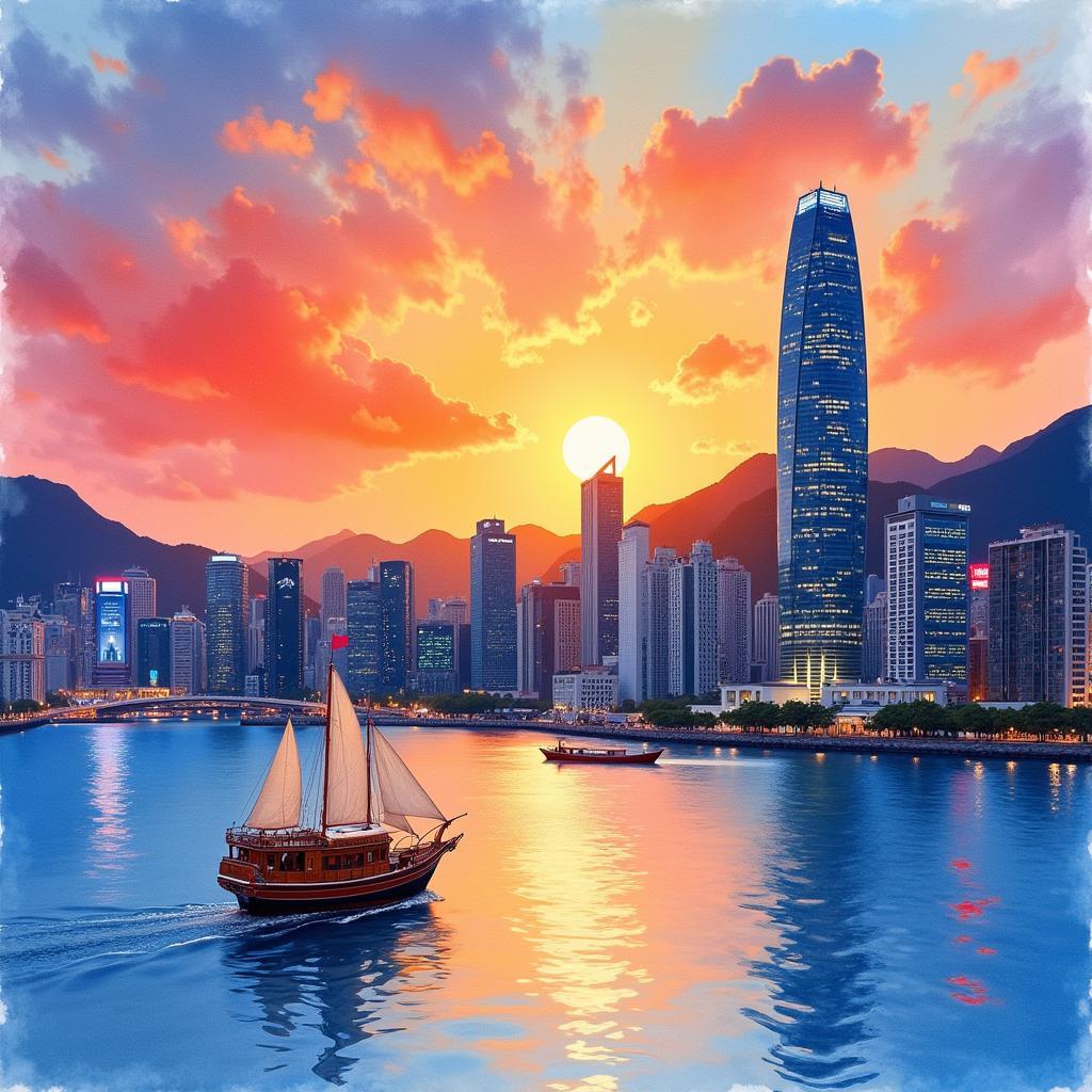 Hong Kong Skyline Watercolor Painting