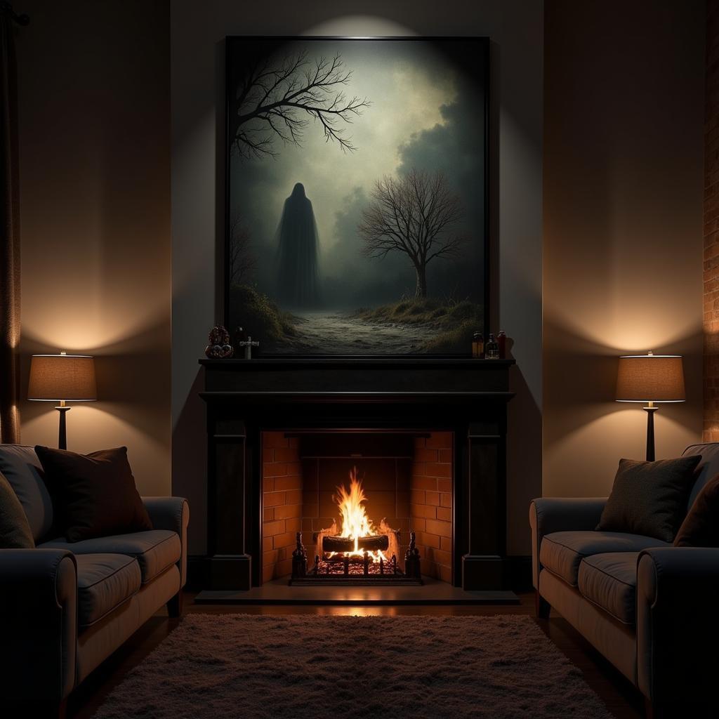 Horror wall art in a living room setting