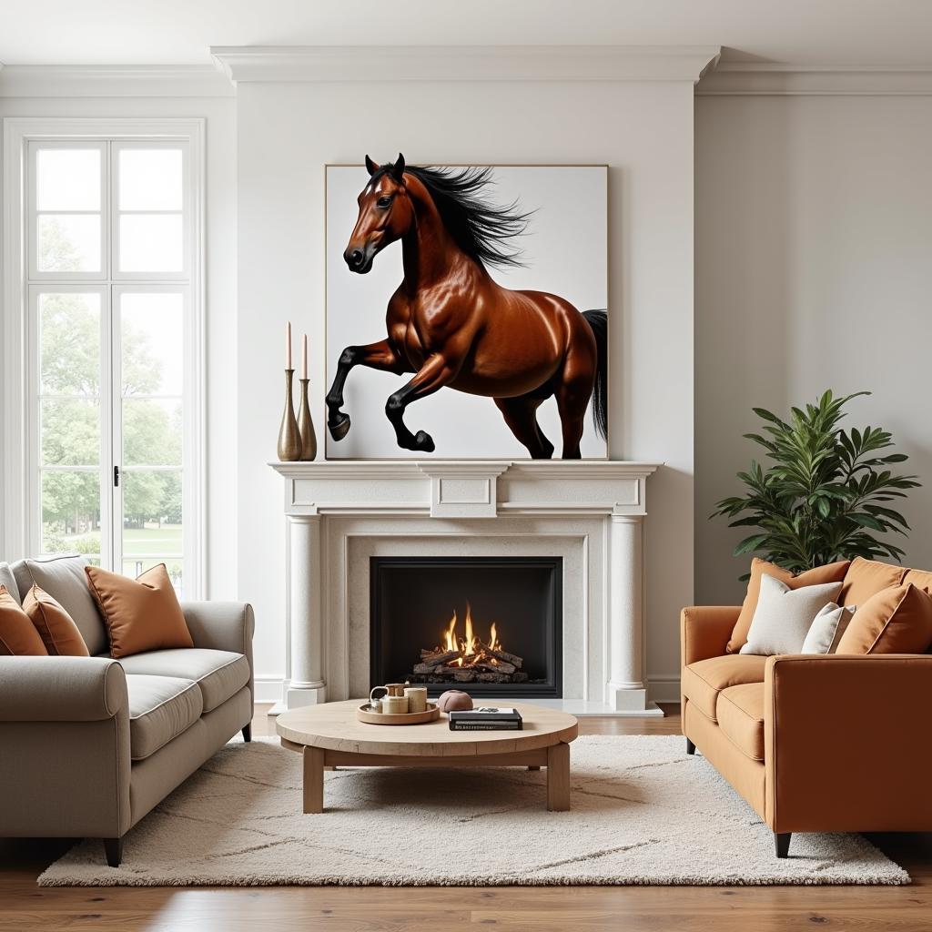 Modern living room with a large horse canvas art above the fireplace