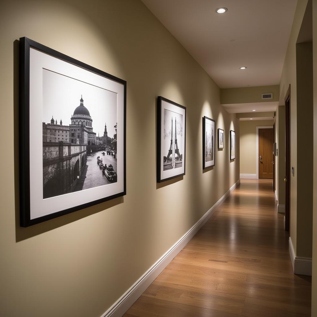 Black and white photography in a hotel corridor