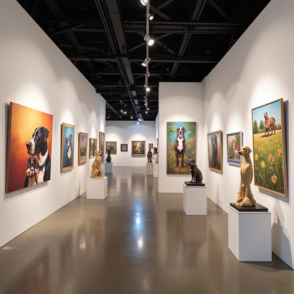 Art exhibition at the Houston Dog Show featuring diverse dog-themed artworks