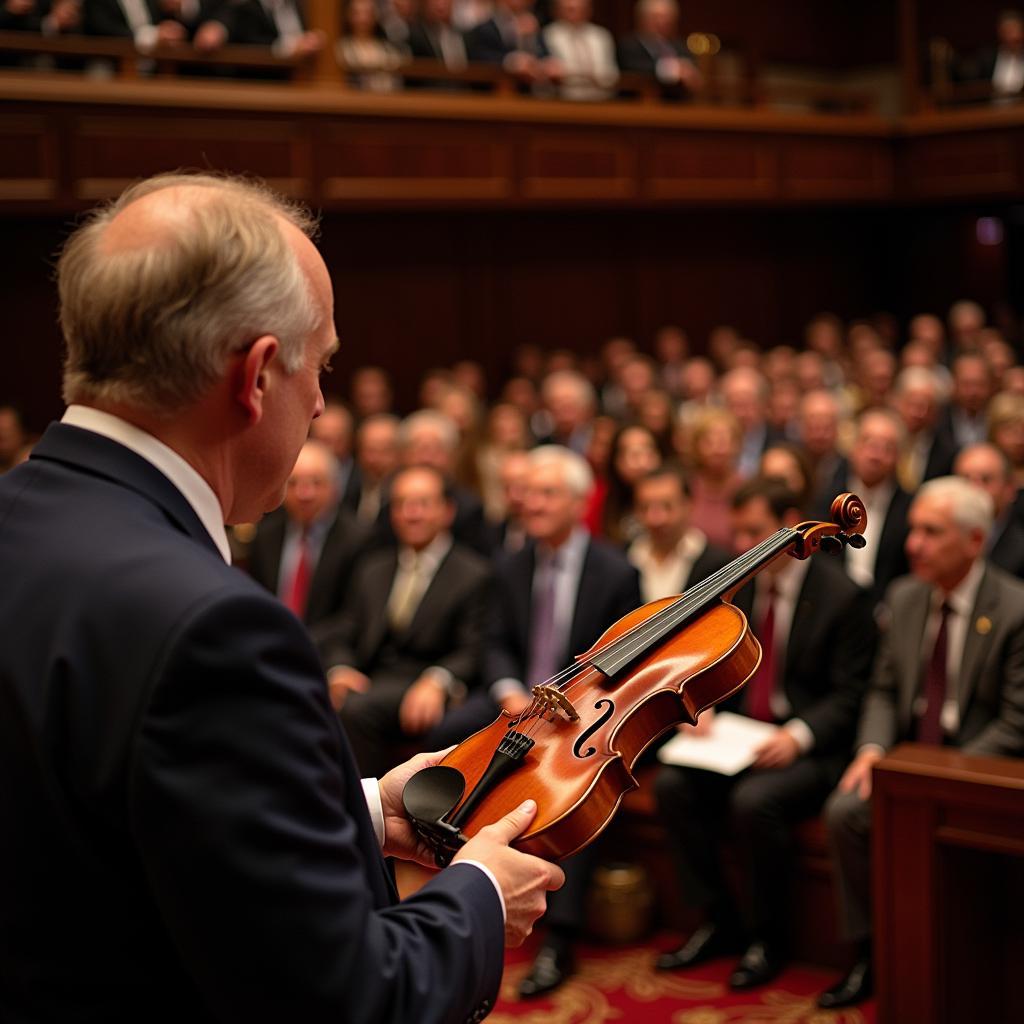 Auctioneer presenting a rare violin from Huguette Clark's collection