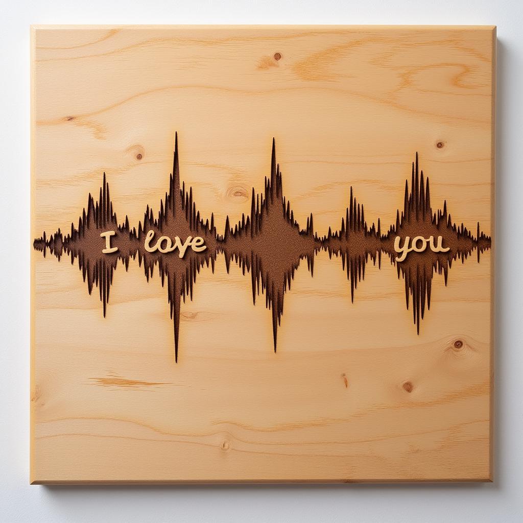 Wooden plaque with a soundwave art engraved on it that reads "I love you".