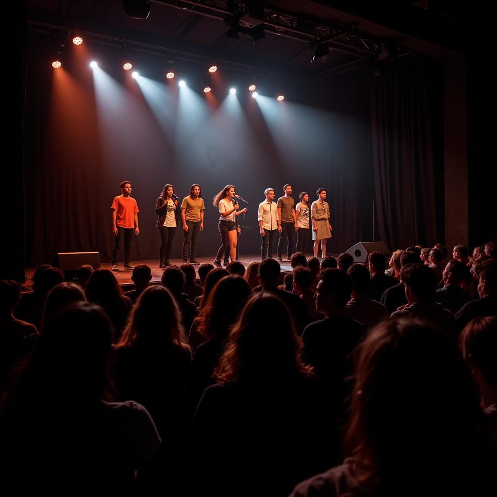 A captivating performance on stage with dramatic lighting and engaged audience