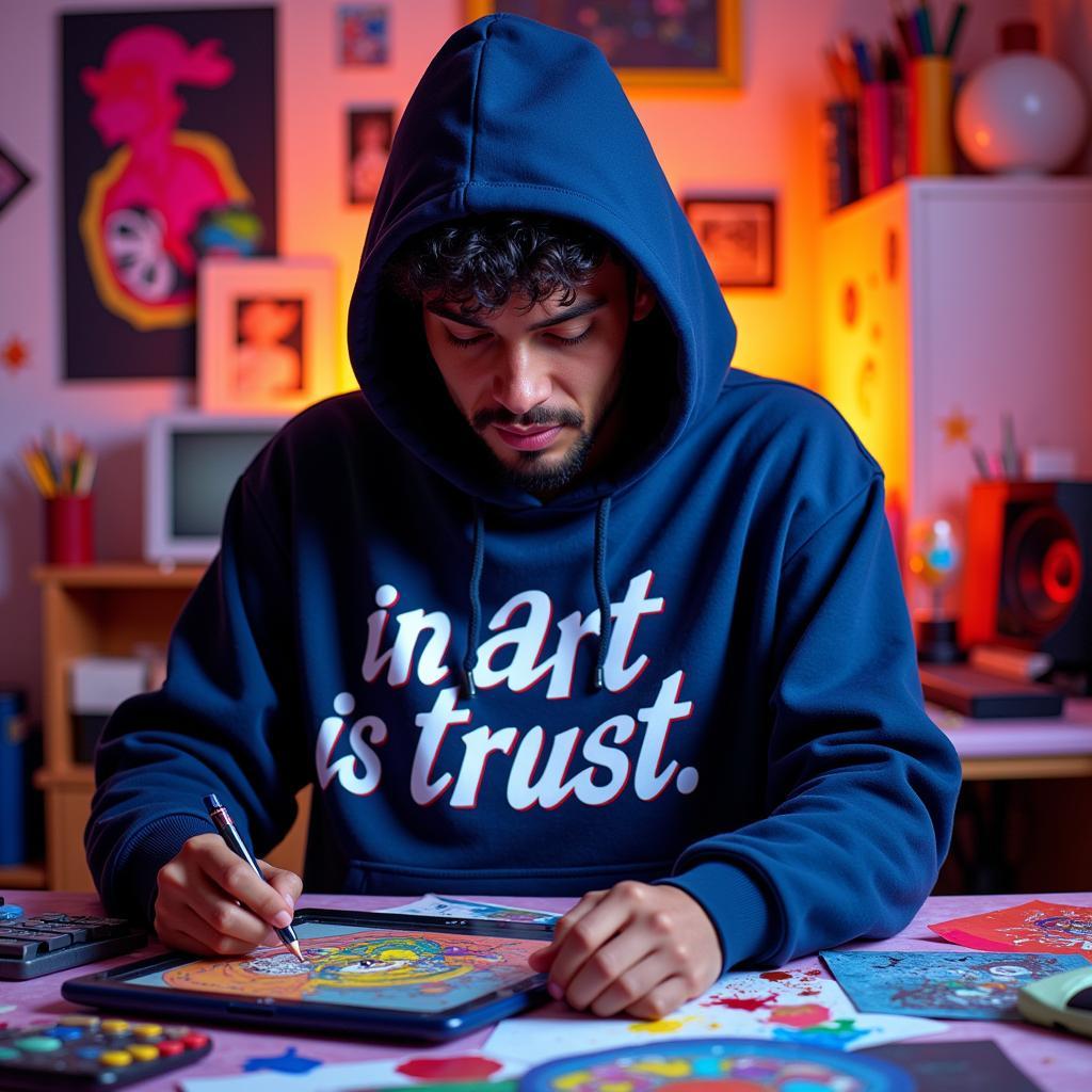 Digital artist wearing an "in art we trust" hoodie while working on a graphic tablet.