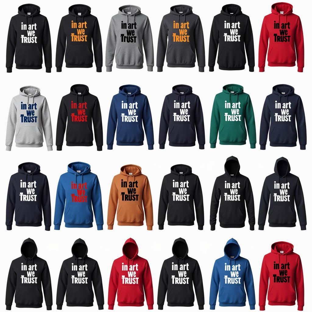 Different styles and color variations of the "in art we trust" hoodie.