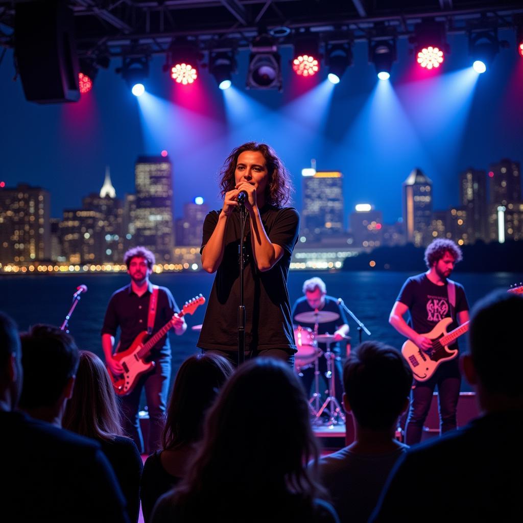 Indie rock band performing with the city skyline as backdrop