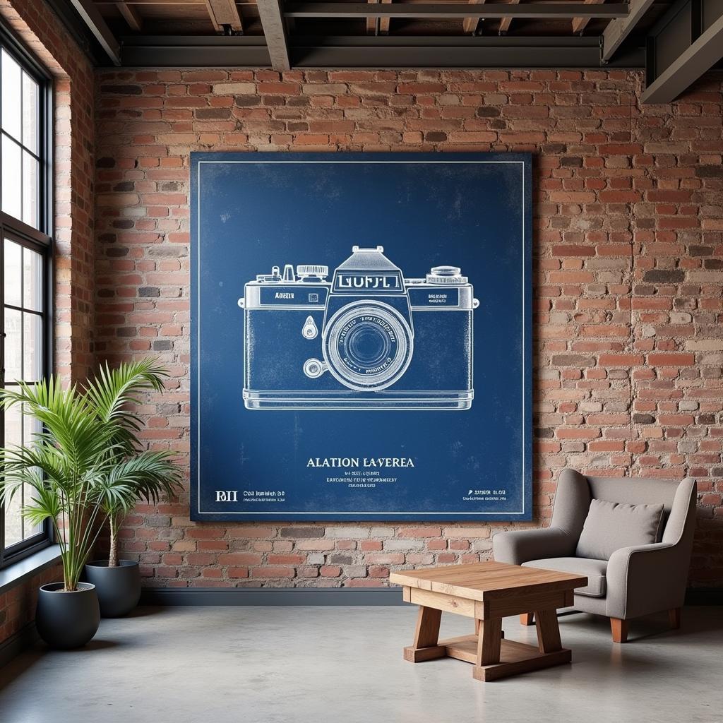 Industrial chic camera wall art in a loft apartment