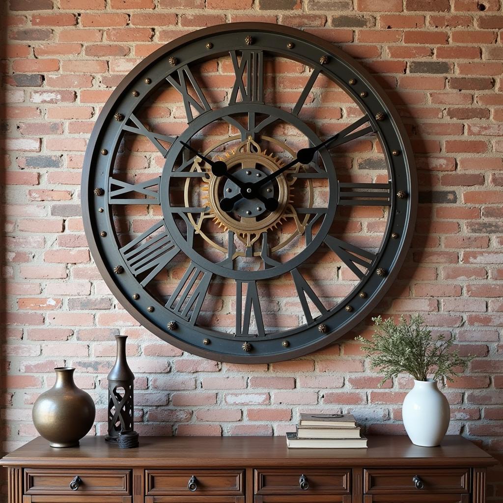 Industrial metal wall clock in a loft apartment