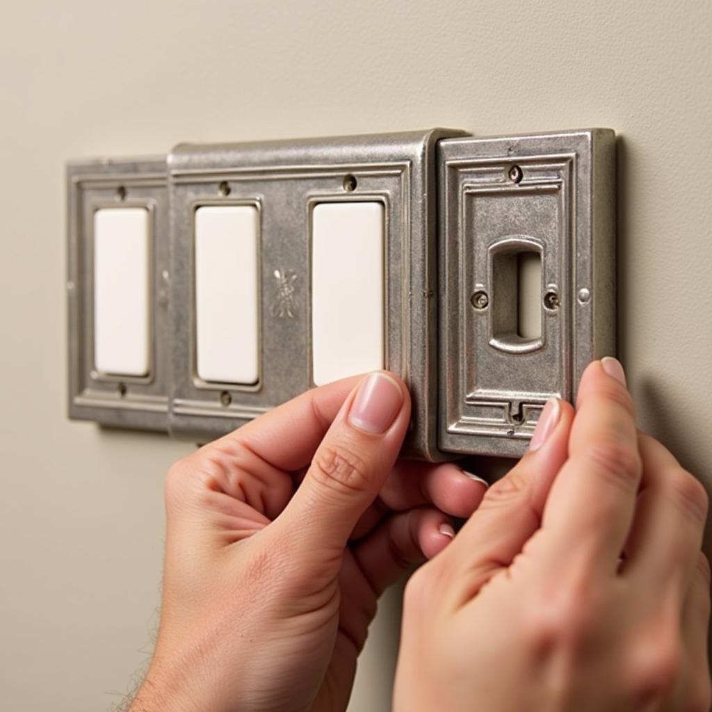 A person installing an Art Deco switch plate