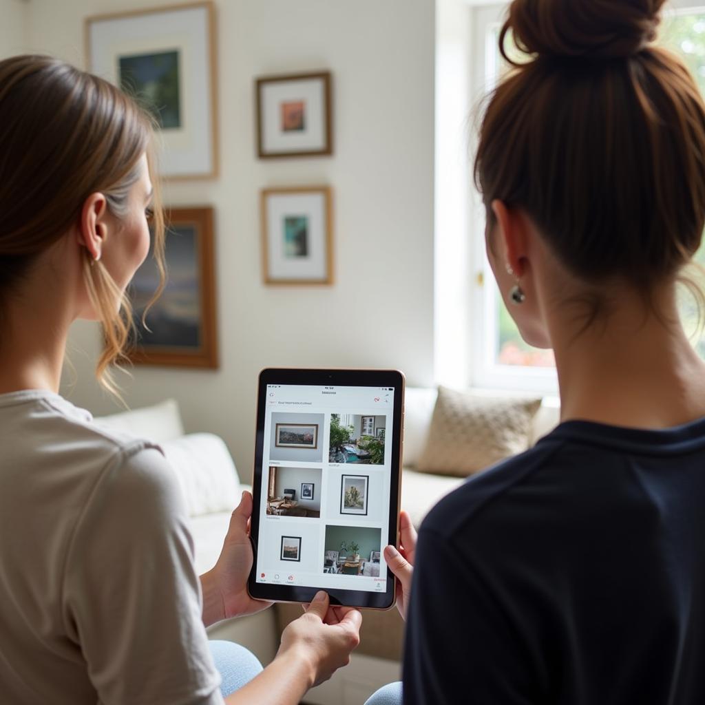 An interior designer advising a client on wall art size selection