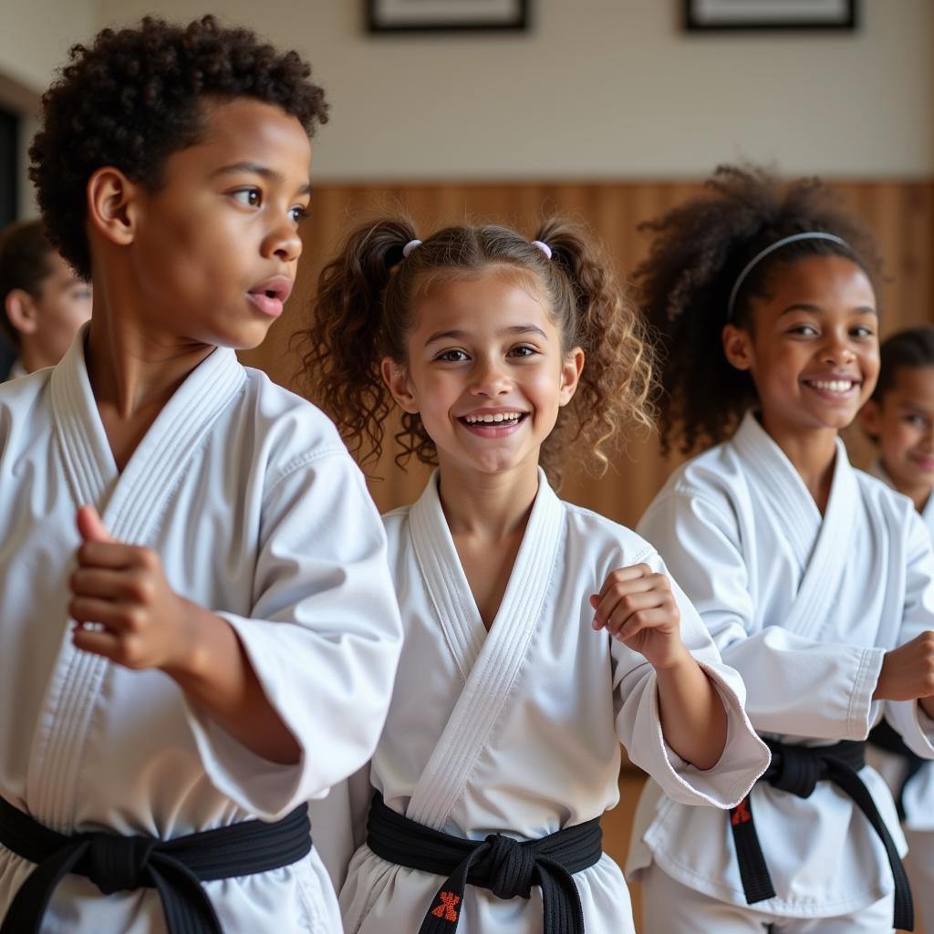 Diverse group of students practicing martial arts