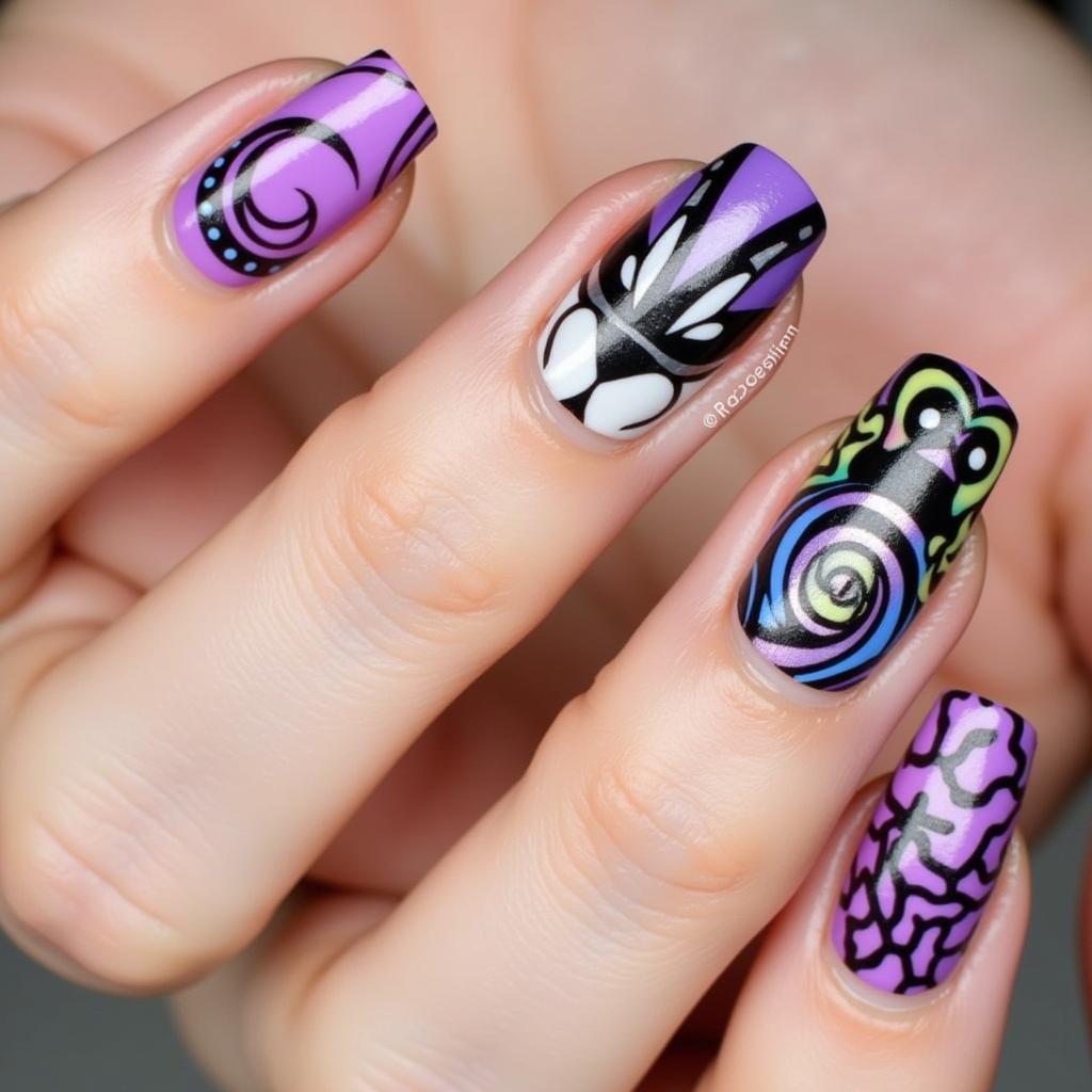 Close-up of fingernails adorned with detailed designs created using DND gel art liner