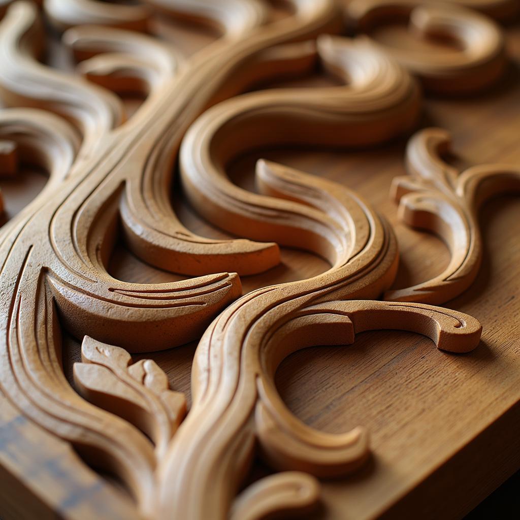 Intricate detail of a wood carving showcasing traditional craftsmanship.