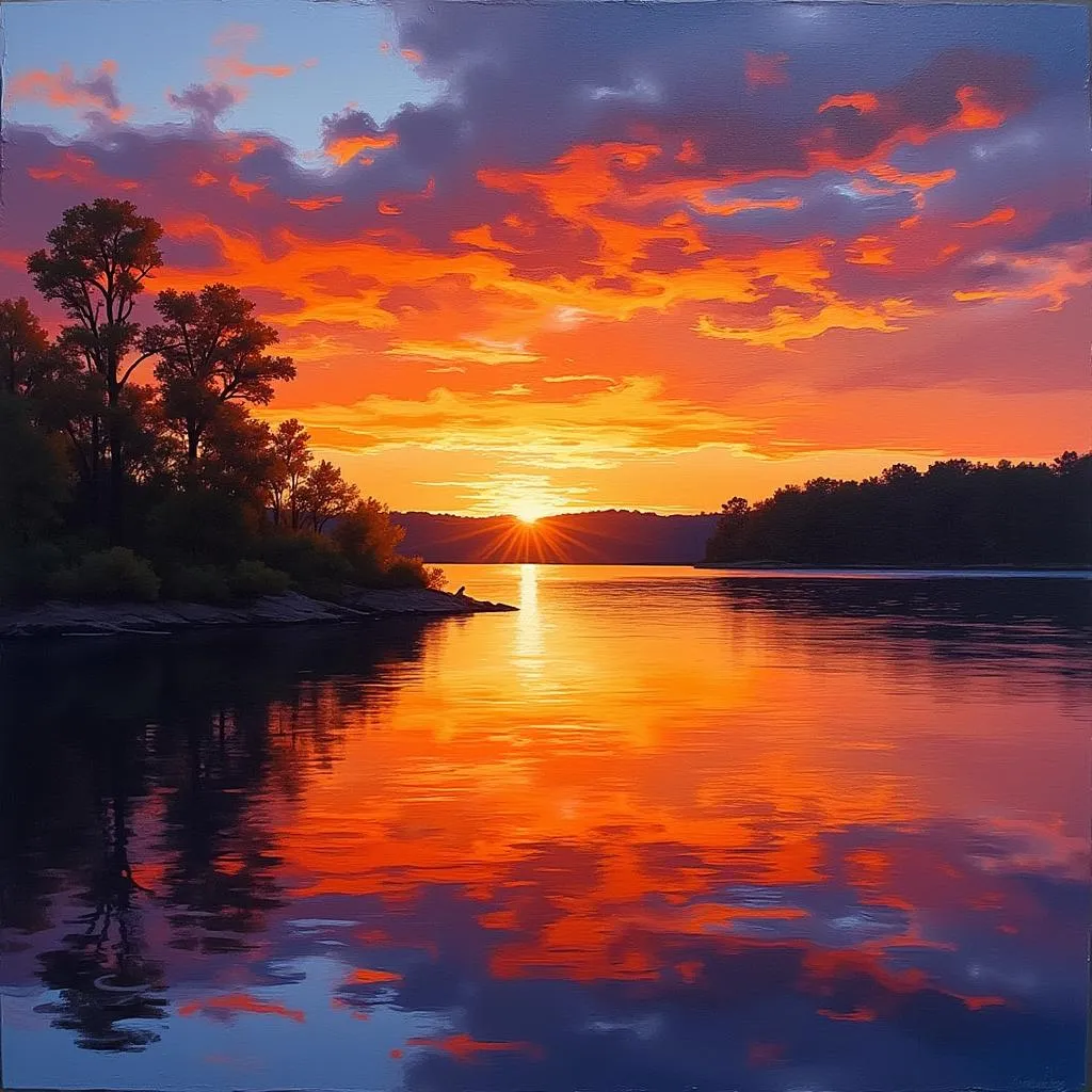 Impressionistic Painting of a Sunset Over an Iowa Lake