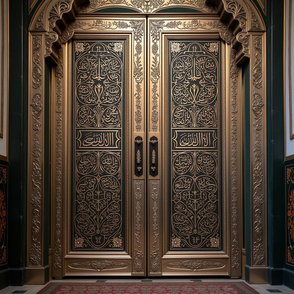  A close-up image of ornate metalwork featuring the 99 names of Allah, intricately engraved on a mosque door.