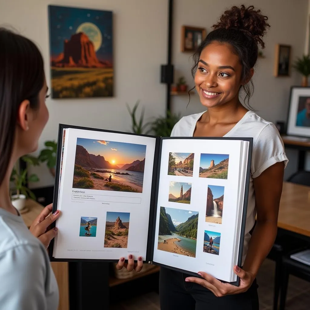 A digital artist presenting their work in an Itoya Art Portfolio 18x24