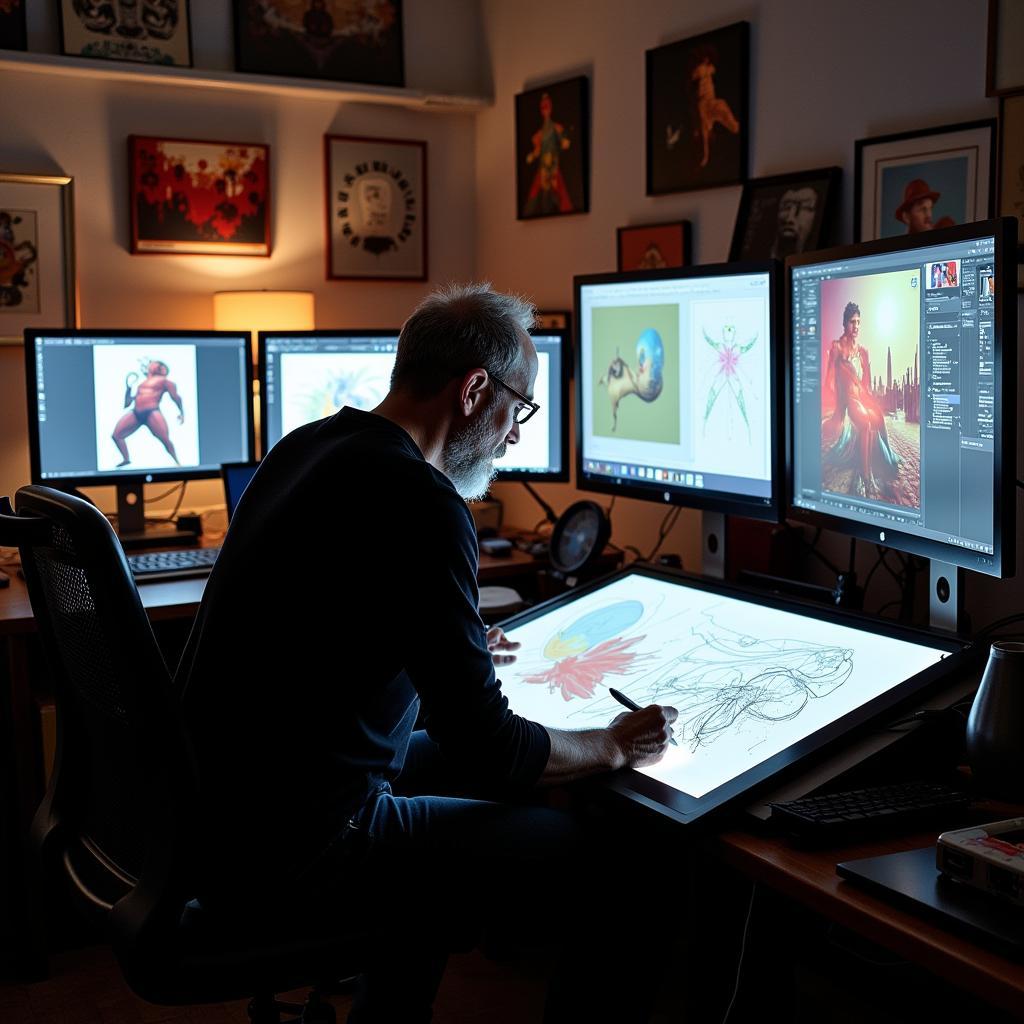 Ivo Morrison working on a digital art piece in his studio