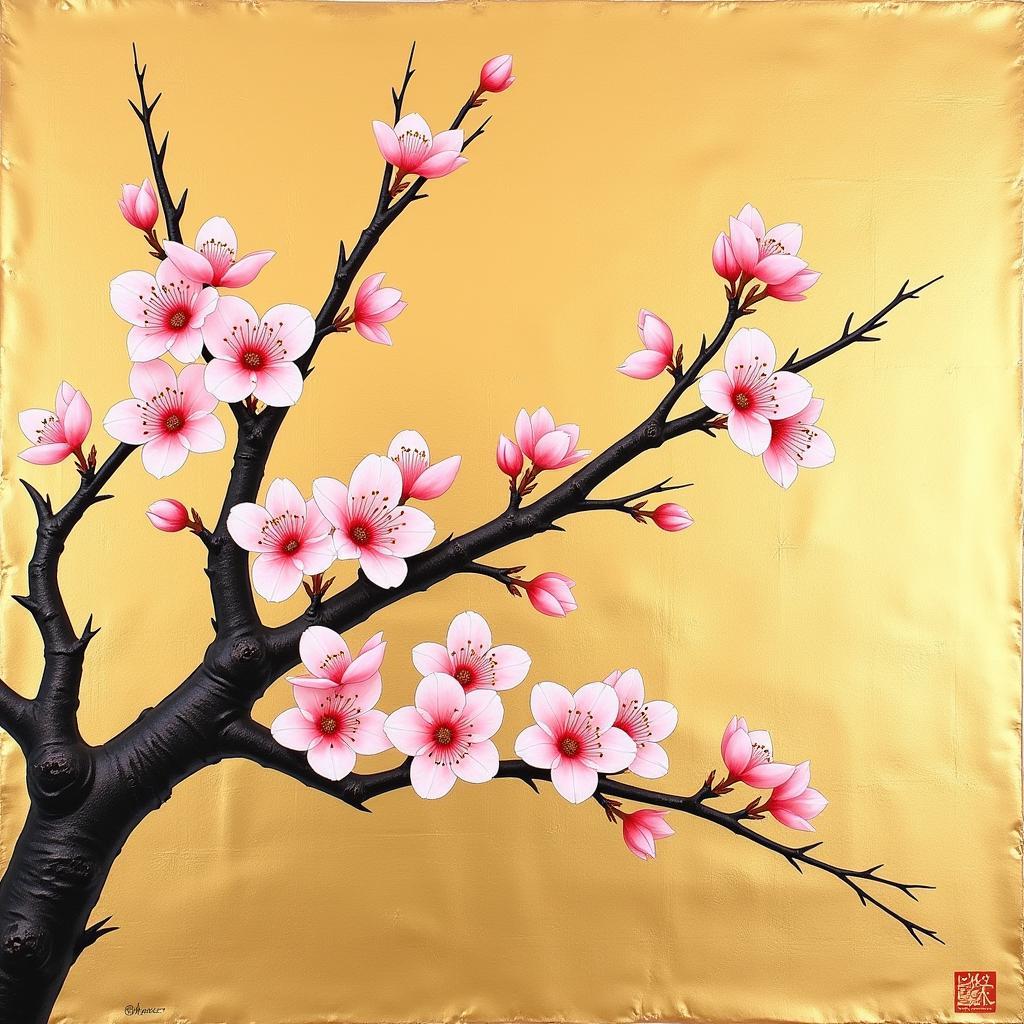 Traditional Japanese painting of cherry blossoms in bloom