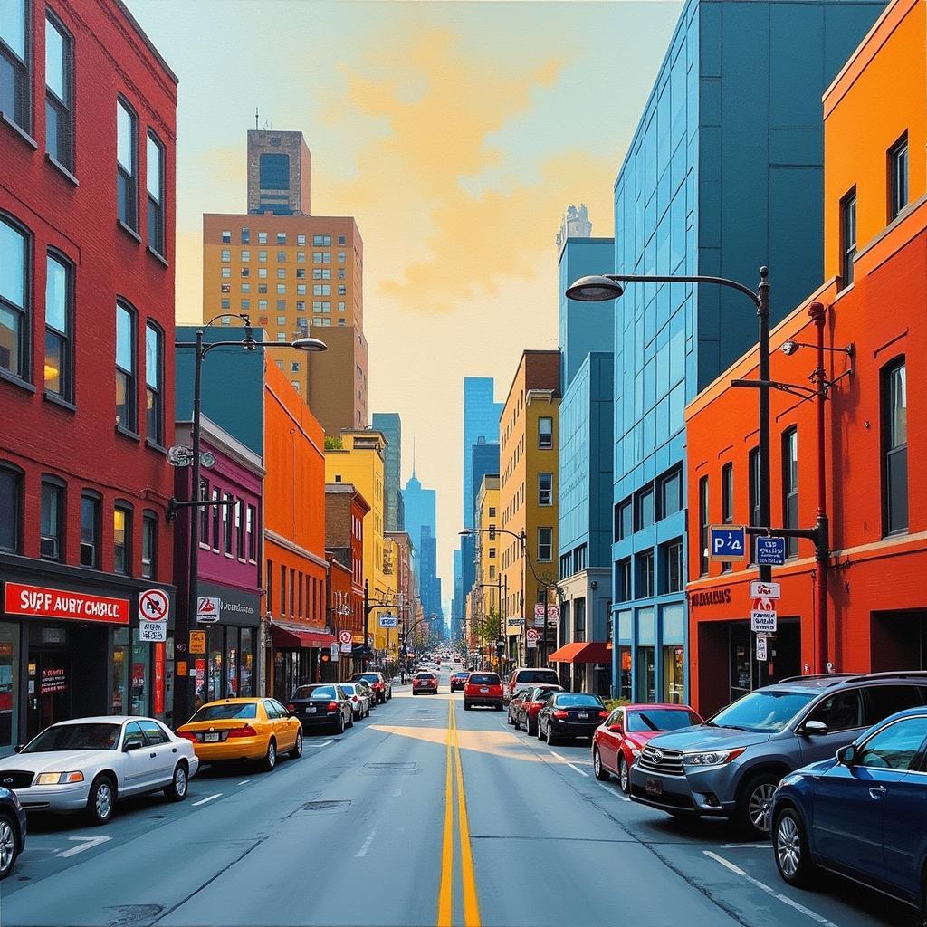 Jeffrey Smart cityscape painting in bold colors