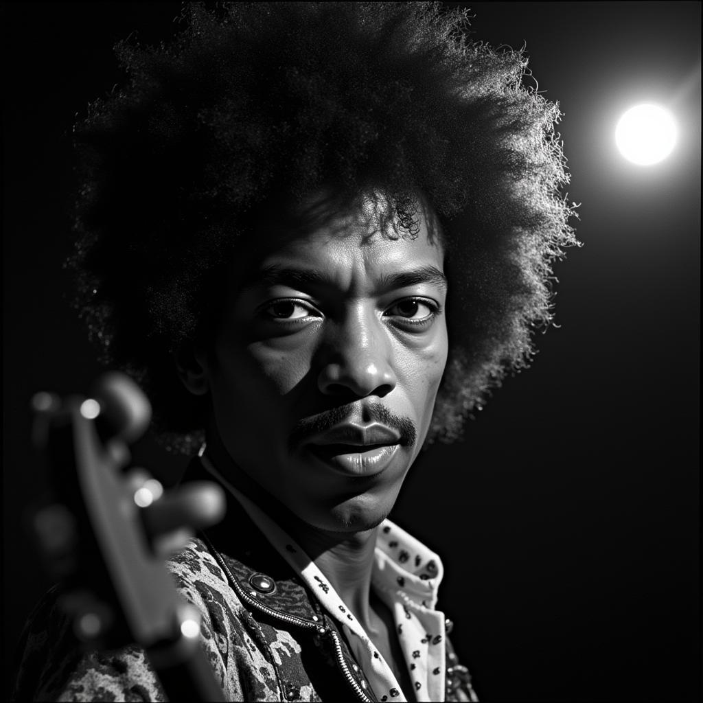 Jimi Hendrix Black and White Portrait with Psychedelic Guitar Effects