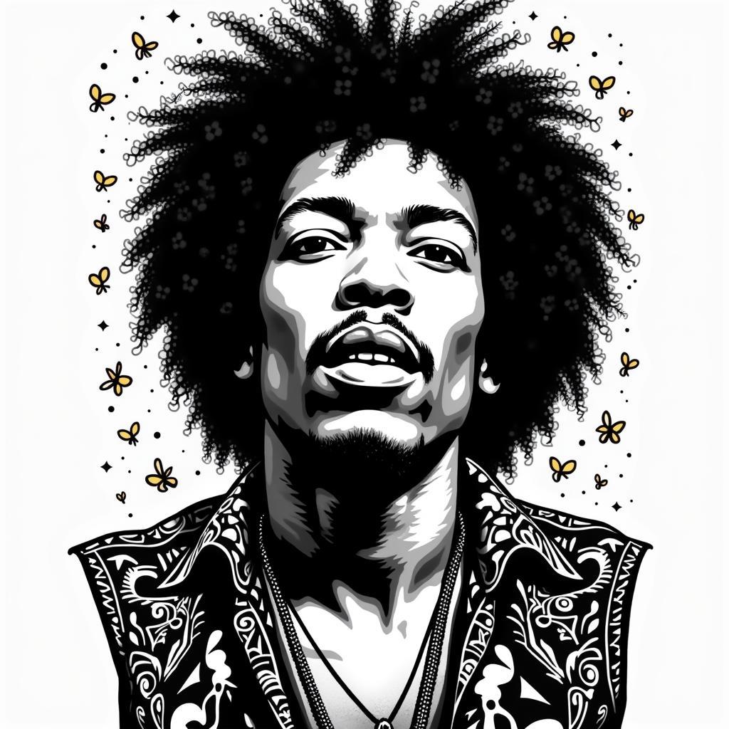 Jimi Hendrix graphic art in black and white