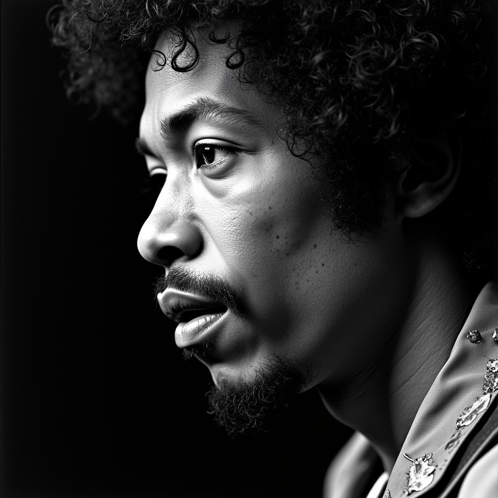 Black and white portrait of Jimi Hendrix