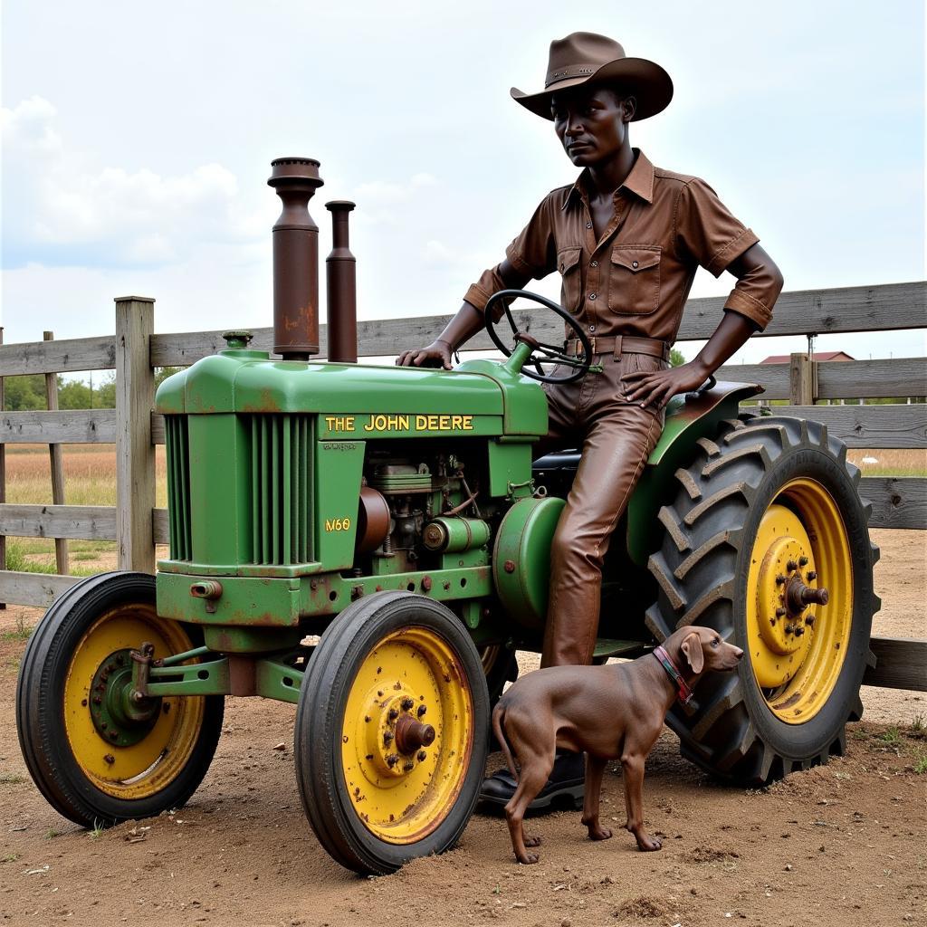 John Deere metal sculpture of a farmer and his dog