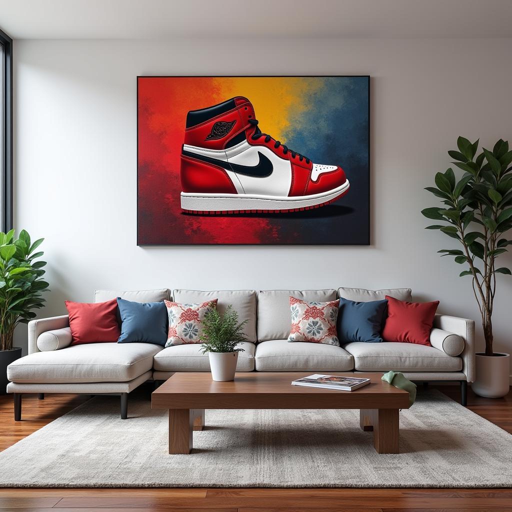 A Jordan 1 canvas art piece in a modern living room setting