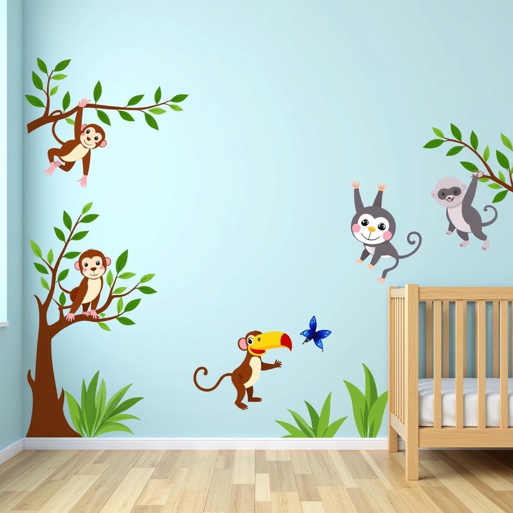 Colorful jungle animal wall art stickers bring a playful touch to a child's bedroom.