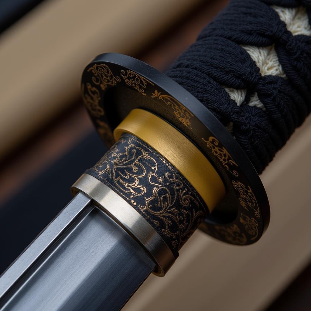 Close-Up of Katana Sword Details: Hamon and Tsuba