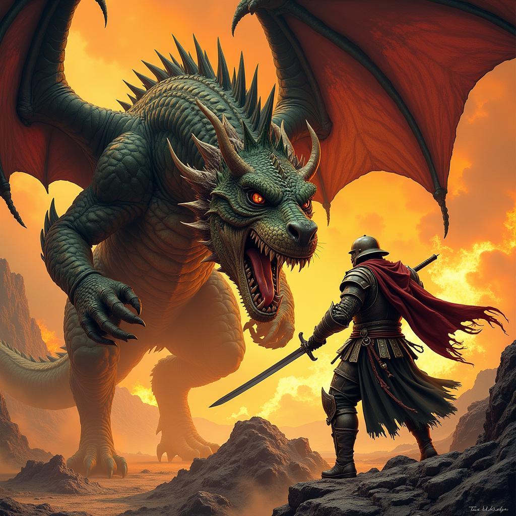 Ken Kelly's fantasy art illustration depicting a warrior and a dragon