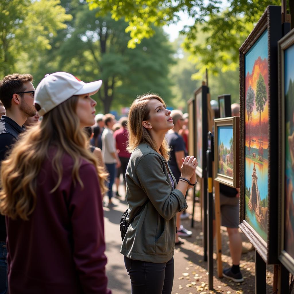 Visitors admiring paintings at Art in the Park