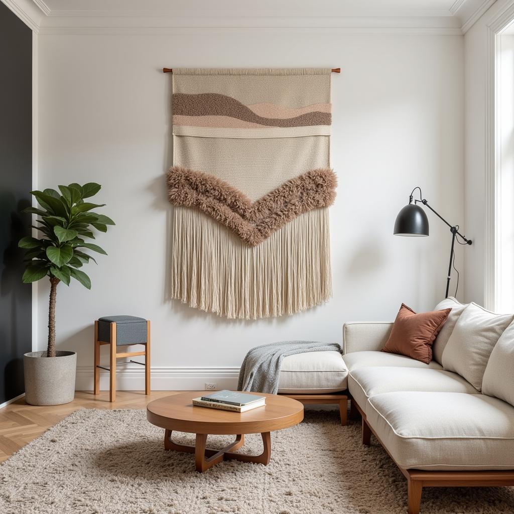 Modern living room with a large fiber art wall hanging as a focal point