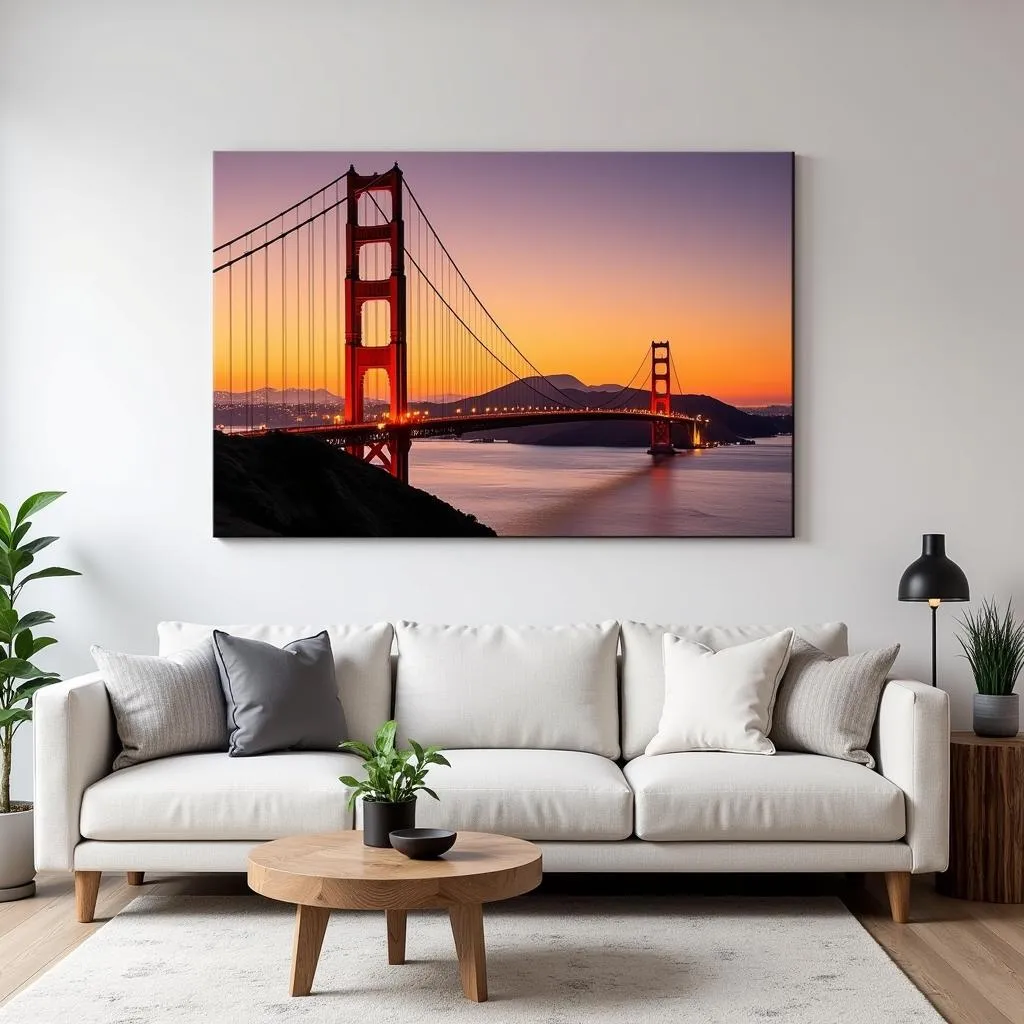 Modern living room with a San Francisco Golden Gate Bridge painting