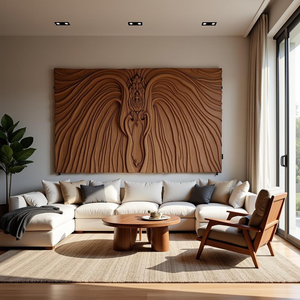 Living room with a central wood art piece