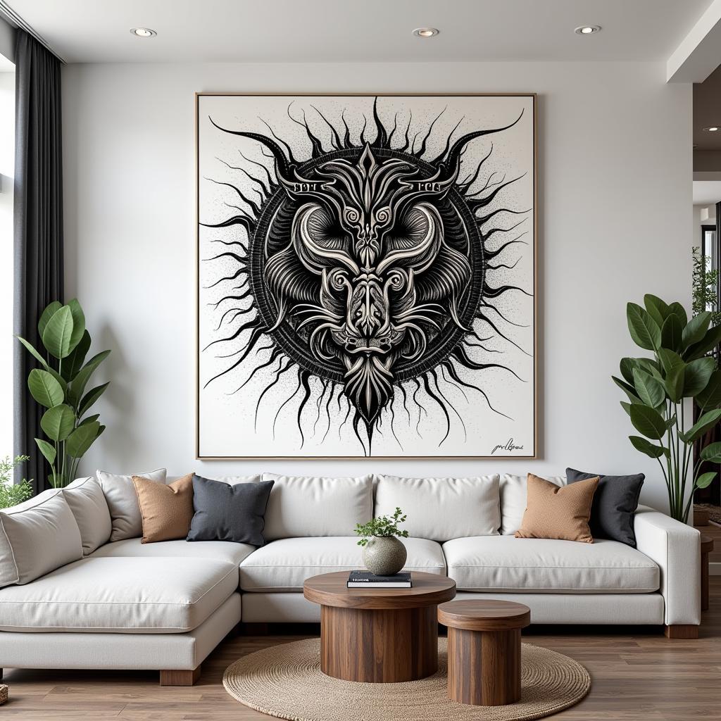 Phòng khách được trang trí bởi tranh tatouage wall art