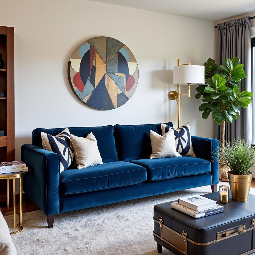 Phòng khách hiện đại với điểm nhấn là chiếc ghế sofa Art Deco màu xanh navy