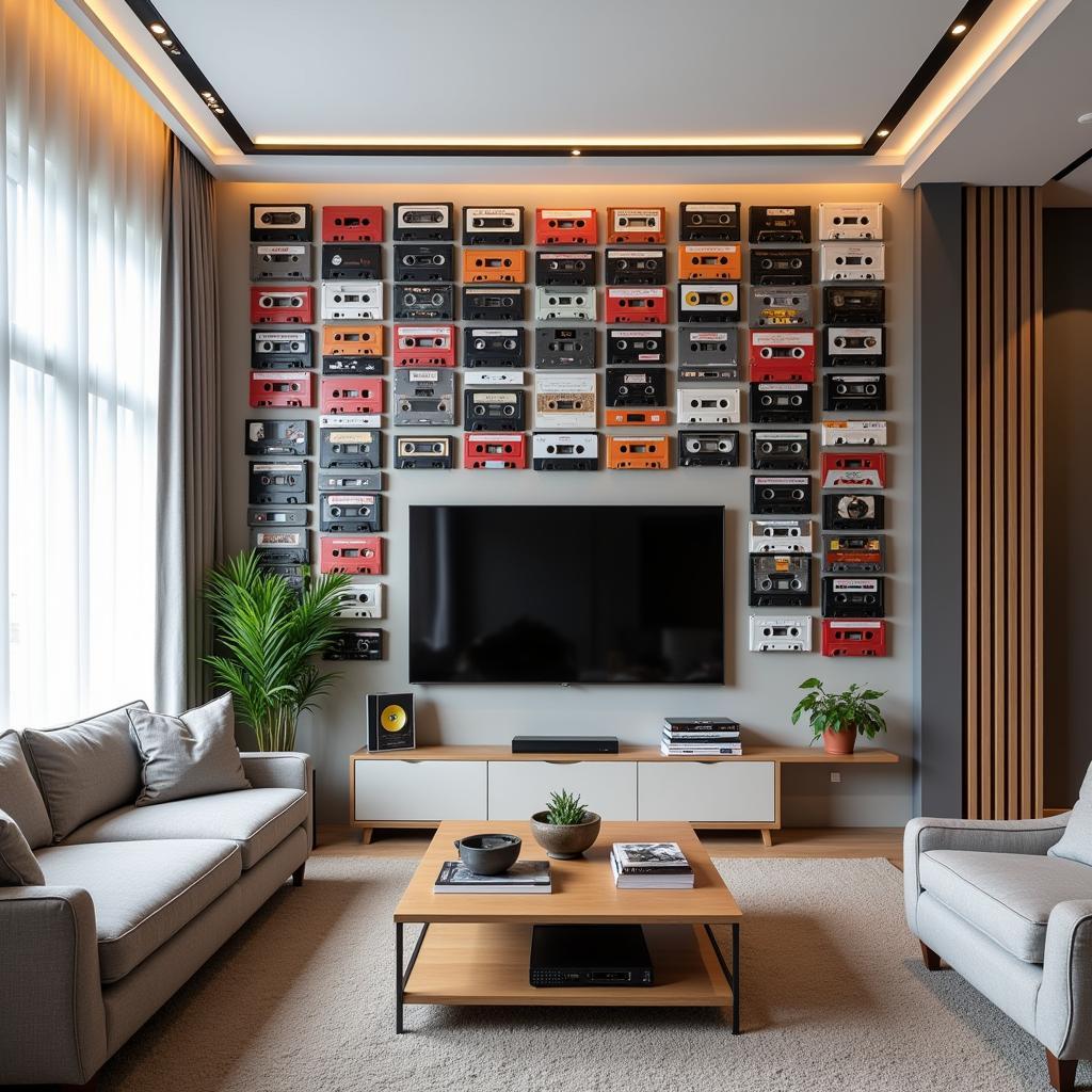 Không gian được trang trí bằng cassette tape wall art