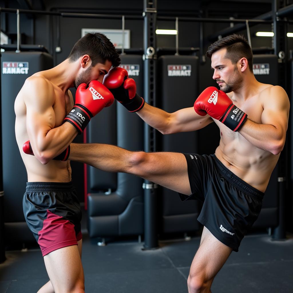 Kickboxer practicing kicks with a training partner holding a kicking pad