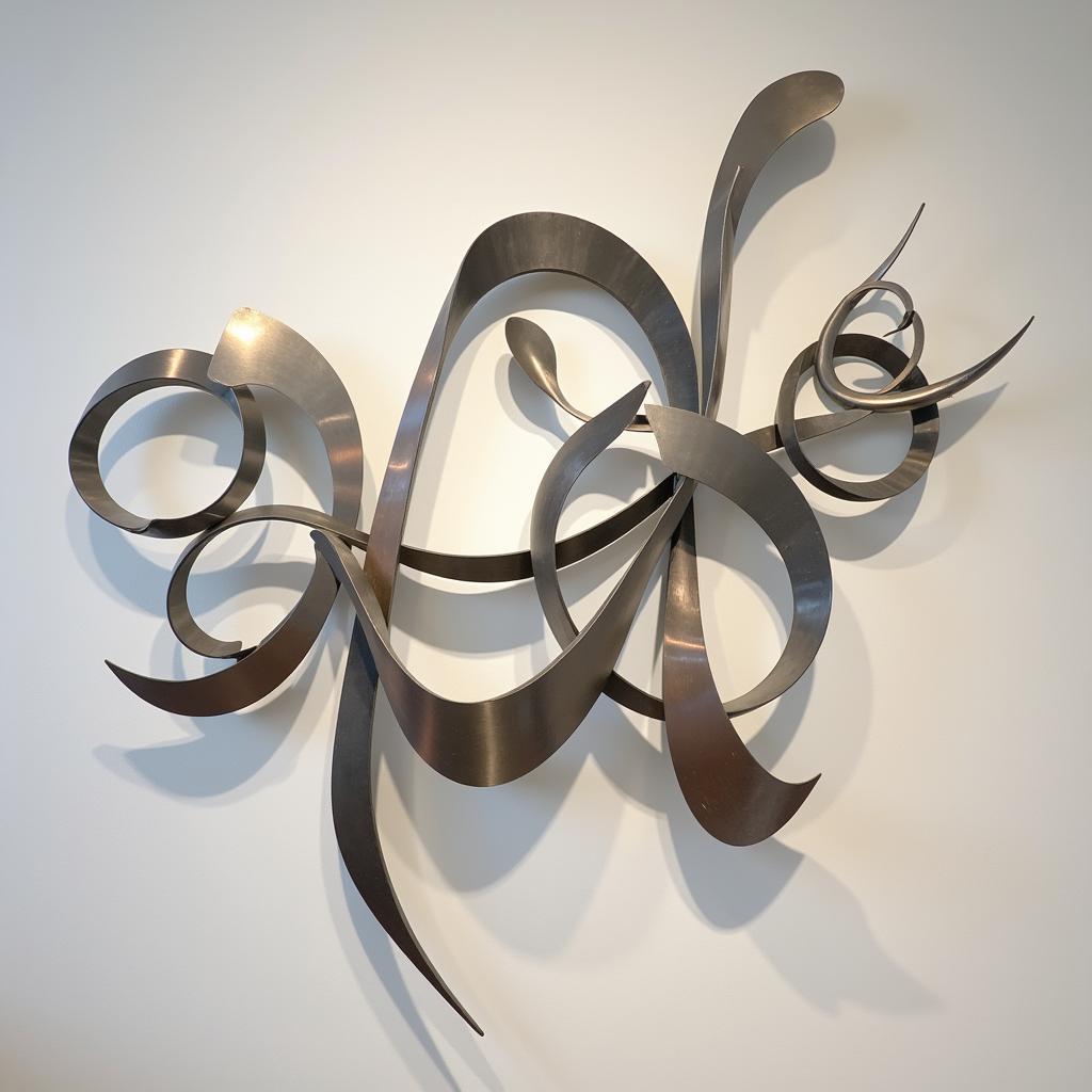 Abstract kinetic wall sculpture with flowing lines and dynamic movement.