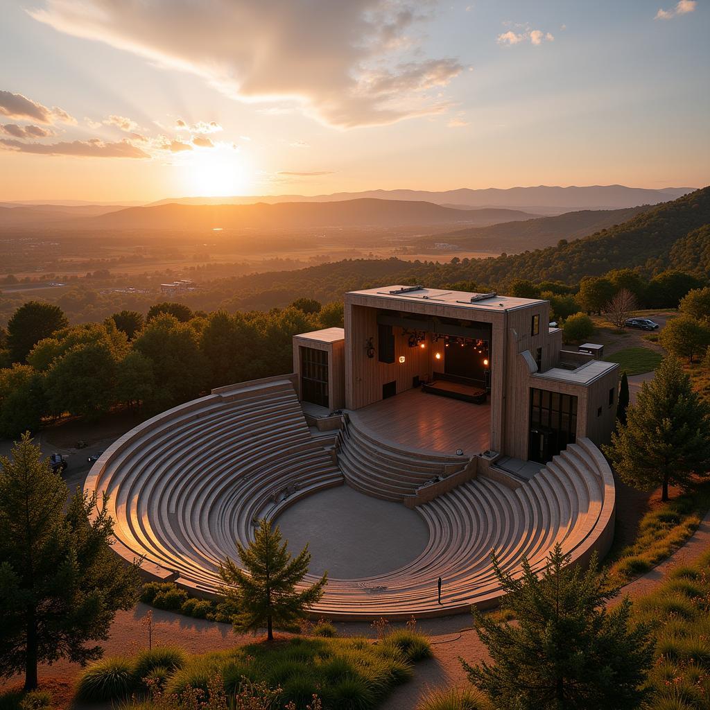 An aerial view of the Klopfenstein Amphitheater at sunset